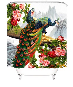 Peacock and Blossom Watercolor Shower Curtain - Artistic Bathroom Decor