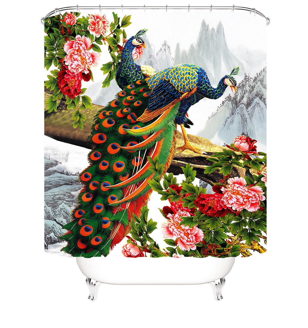 Peacock and Blossom Watercolor Shower Curtain - Artistic Bathroom Decor