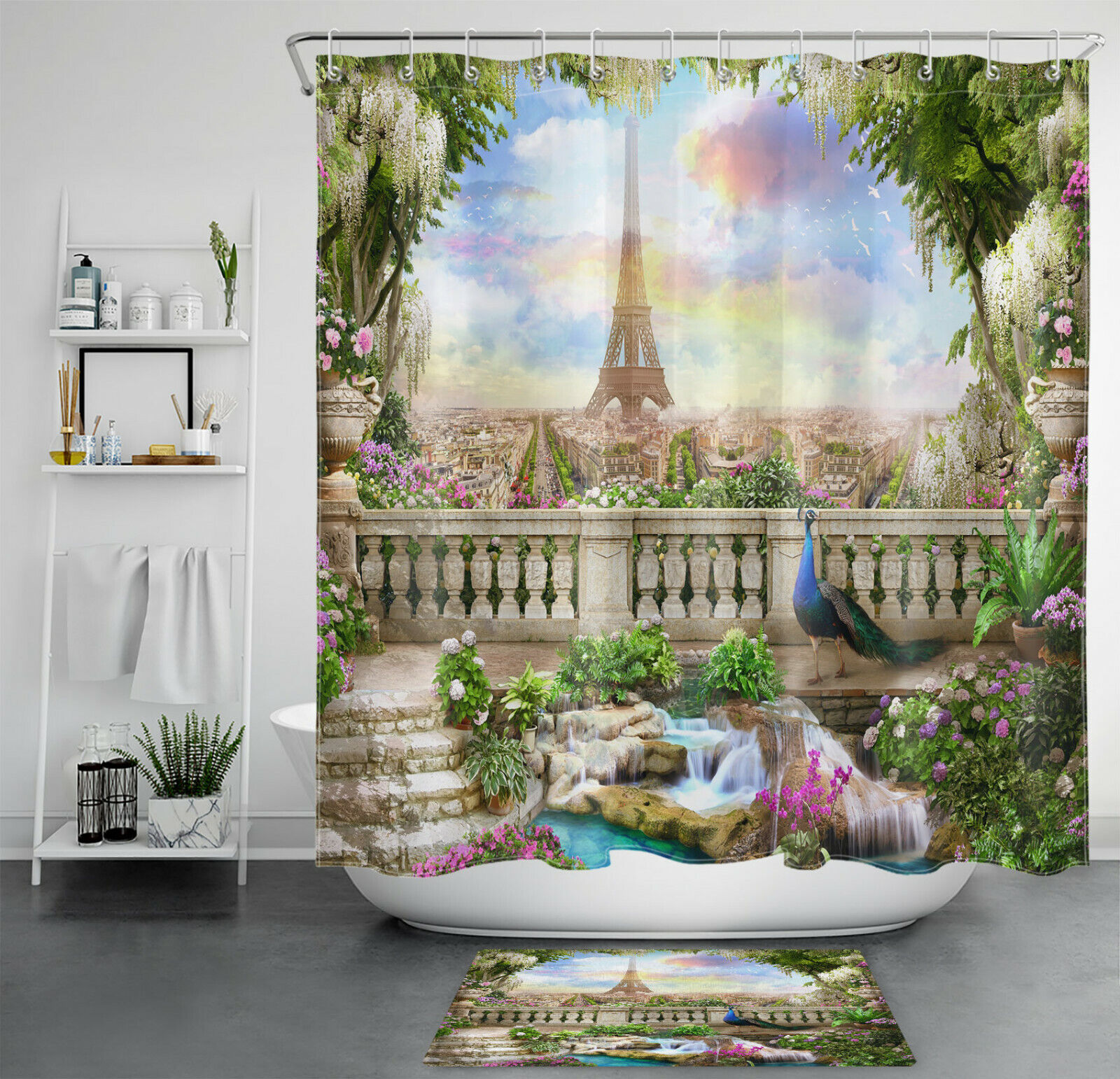 Peacock and Flower Sky Garden Shower Curtain for a Bold and Colorful Bathroom