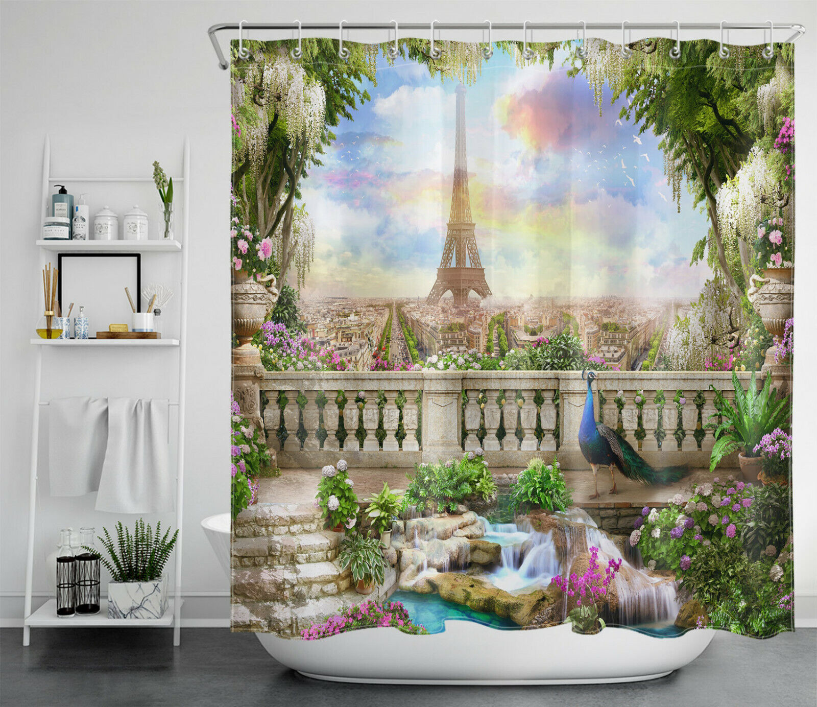 Peacock and Flower Sky Garden Shower Curtain for a Bold and Colorful Bathroom