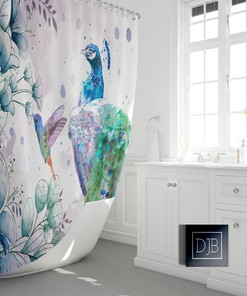 Peacock and Hummingbird Watercolor Shower Curtain, Nature Bathroom Decor
