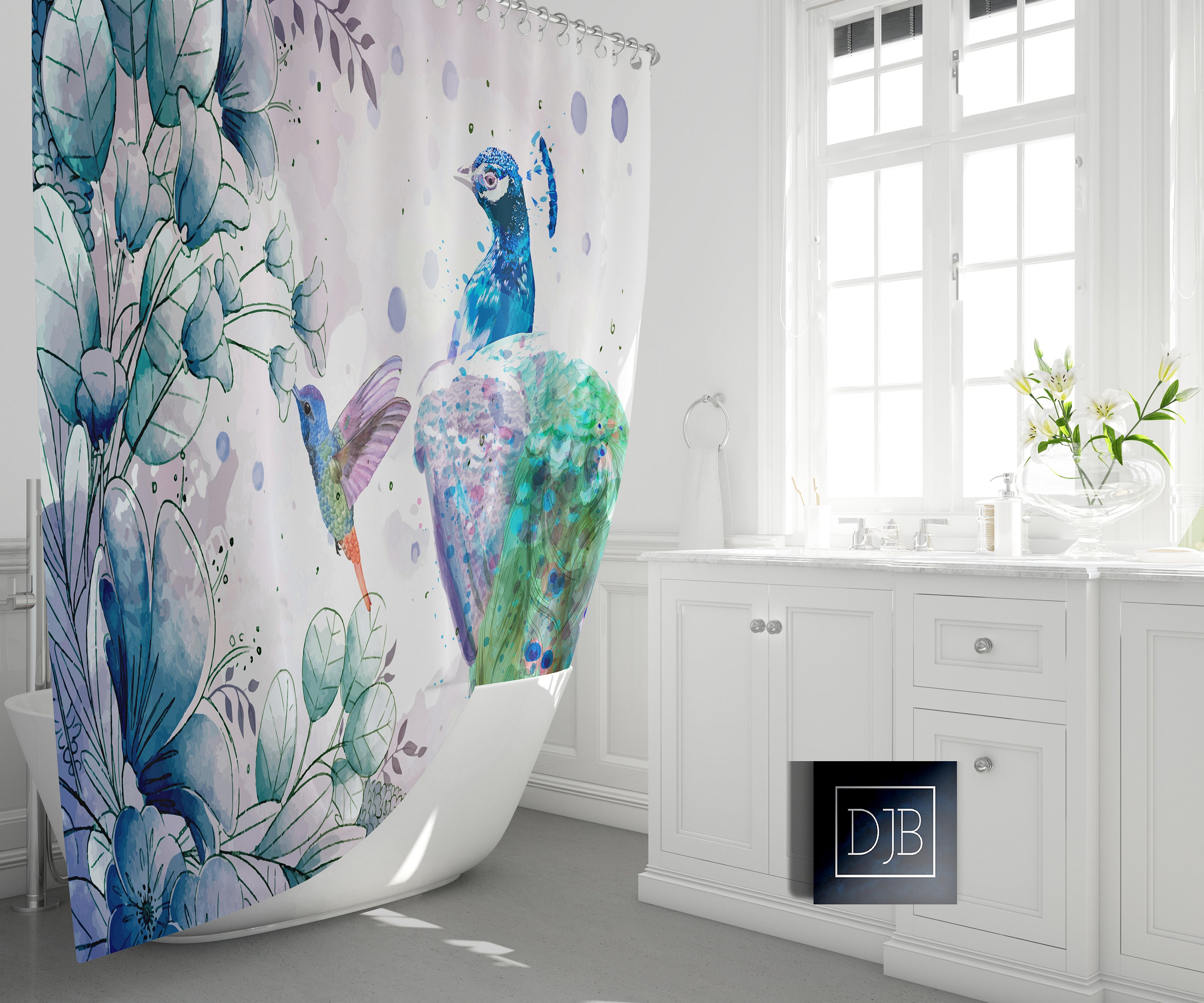 Peacock and Hummingbird Watercolor Shower Curtain, Nature Bathroom Decor