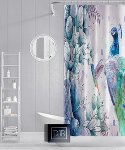 Peacock and Hummingbird Watercolor Shower Curtain, Nature Bathroom Decor