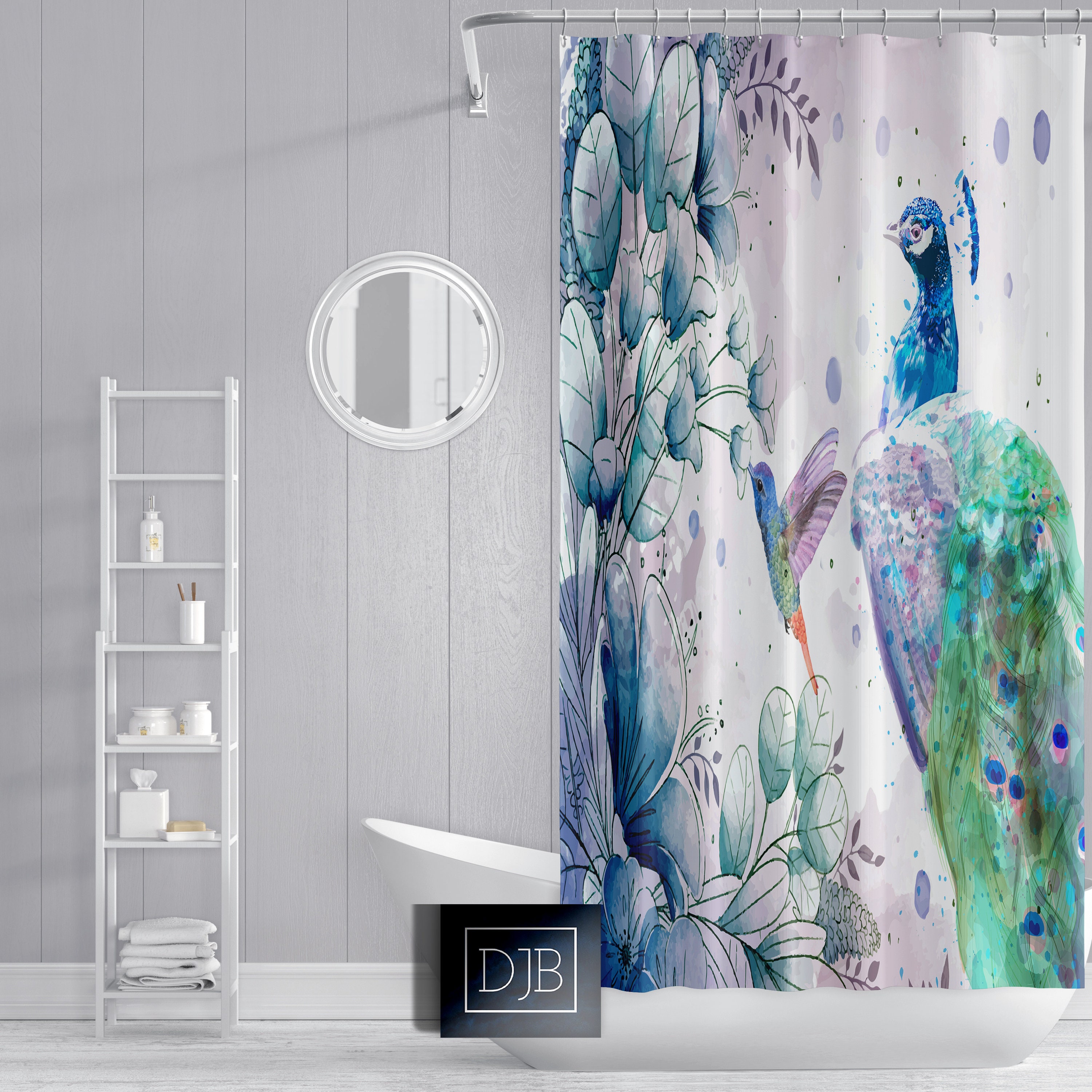 Peacock and Hummingbird Watercolor Shower Curtain, Nature Bathroom Decor