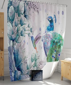 Peacock and Hummingbird Watercolor Shower Curtain, Nature Bathroom Decor