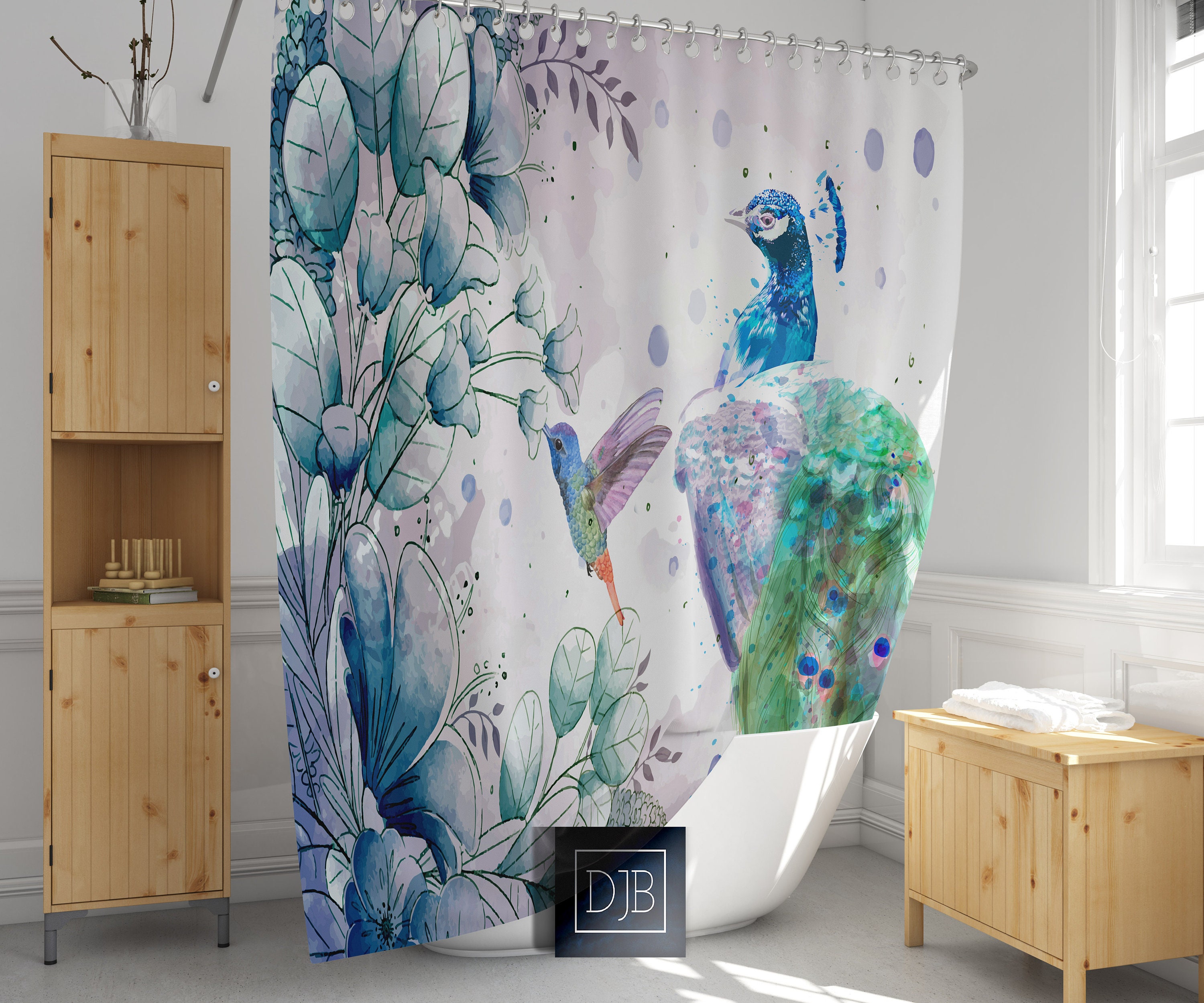 Peacock and Hummingbird Watercolor Shower Curtain, Nature Bathroom Decor