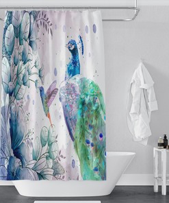 Peacock and Hummingbird Watercolor Shower Curtain, Nature Bathroom Decor