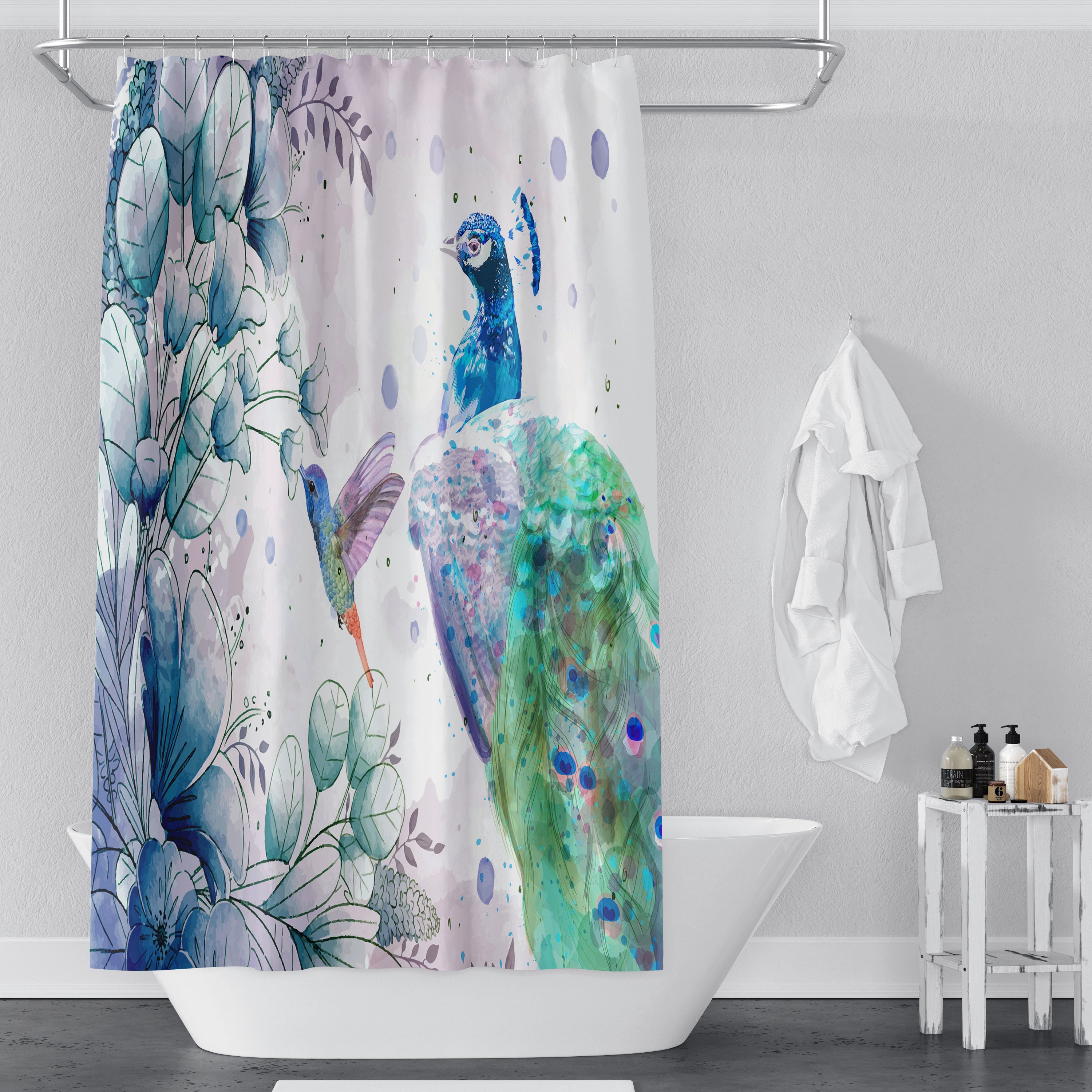 Peacock and Hummingbird Watercolor Shower Curtain, Nature Bathroom Decor