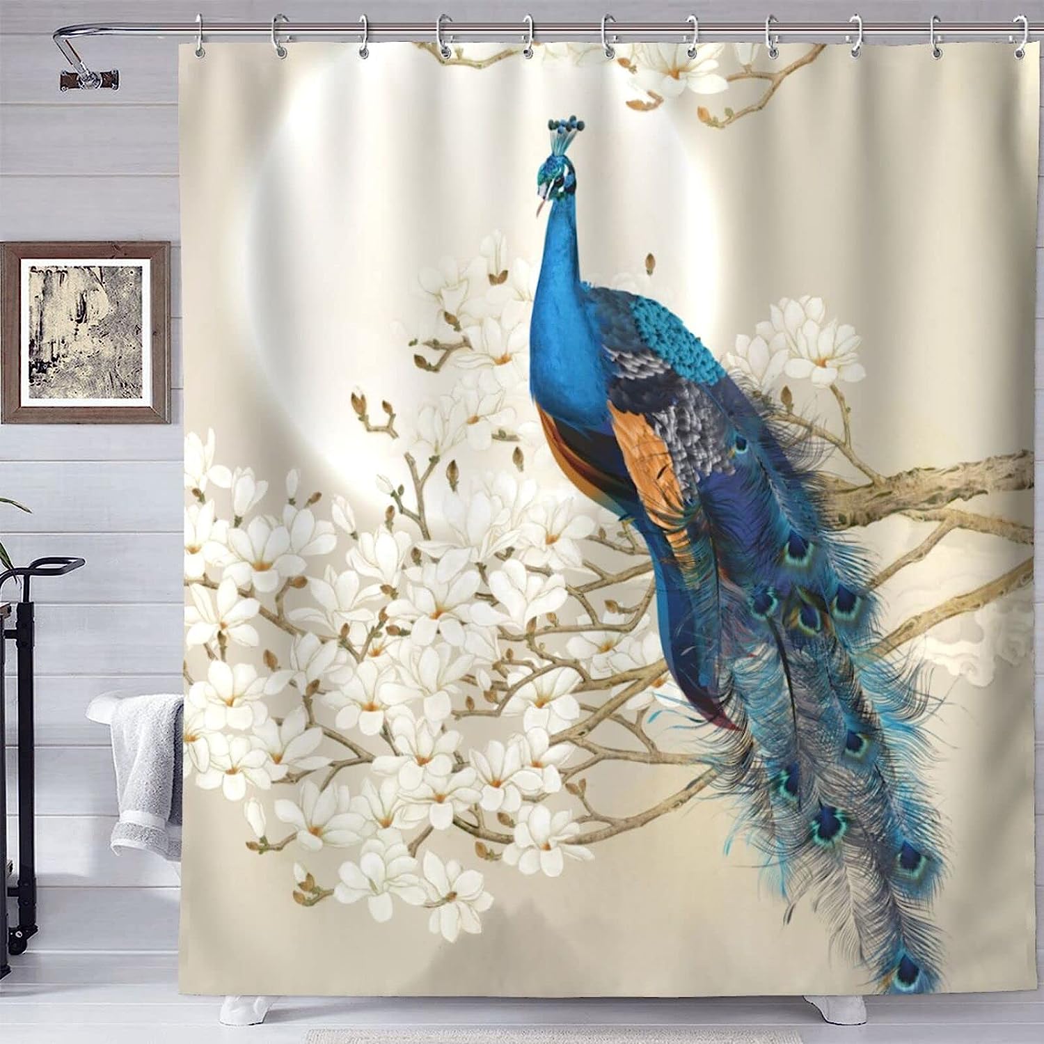 Peacock and Magnolia Print Shower Curtain for Your Bathroom - Vintage Style
