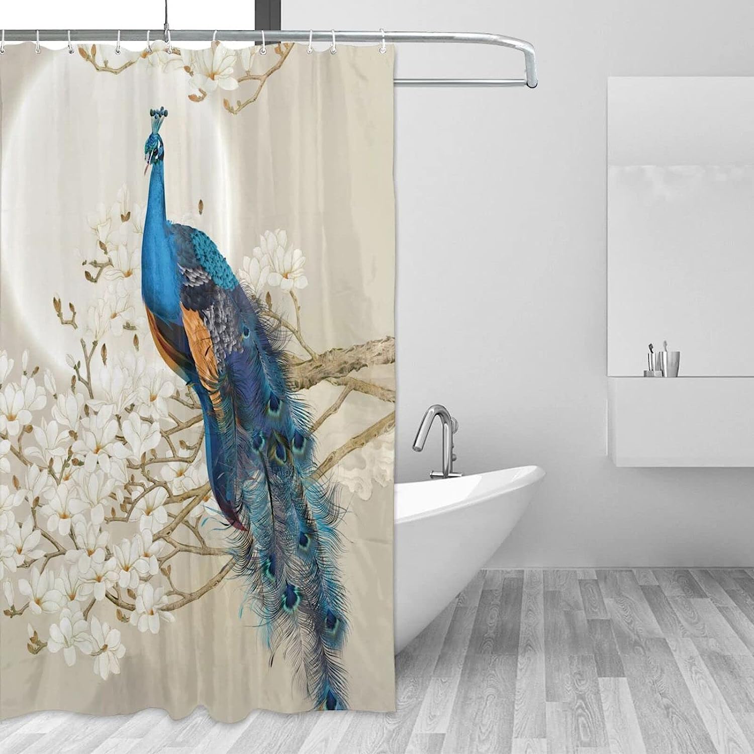 Peacock and Magnolia Print Shower Curtain for Your Bathroom - Vintage Style