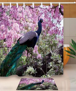 Peacock on Cherry Tree Park Fabric Shower Curtain - Oriental Bathroom Decor