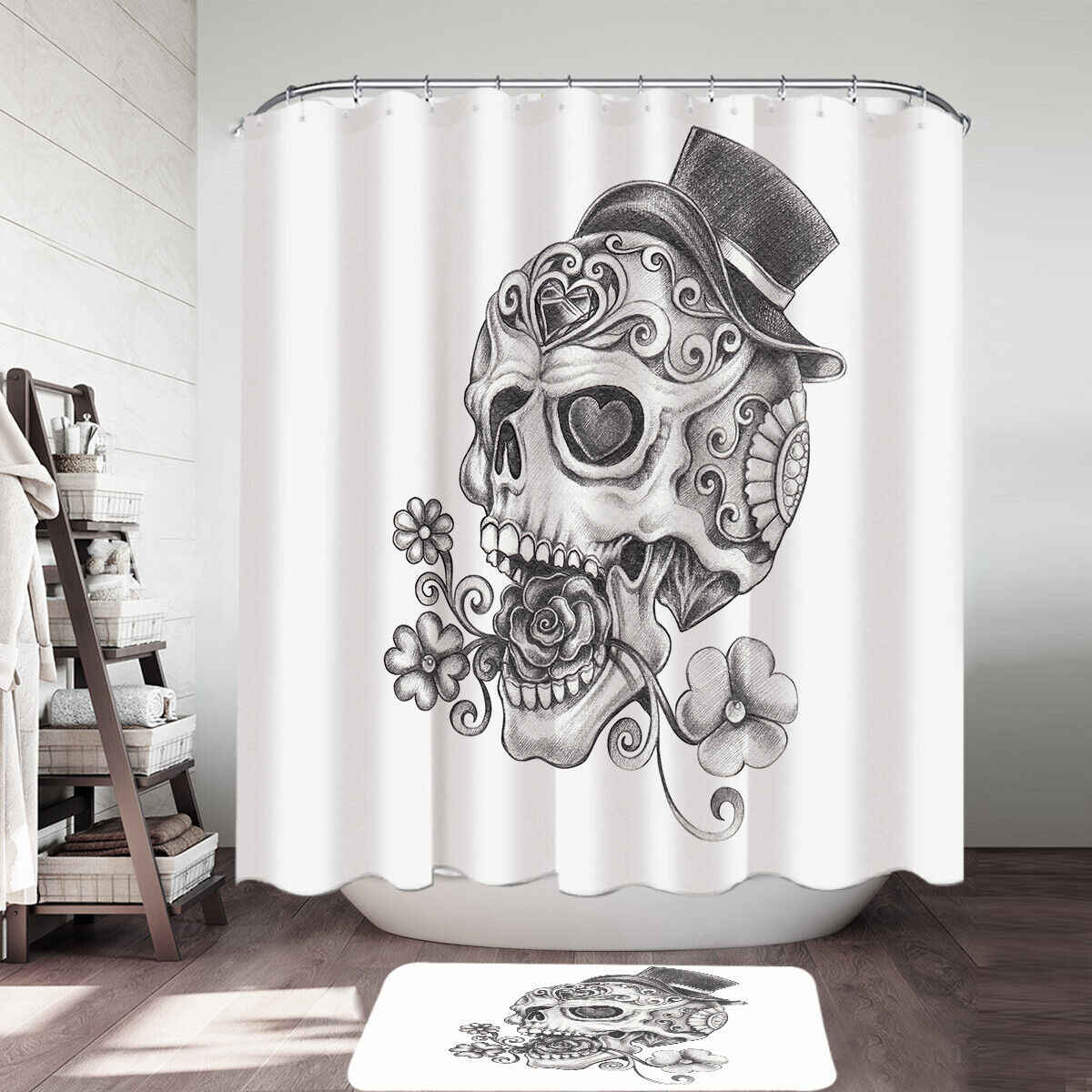 Pencil Skull Drawing Shower Curtain In Black And White, Add Some Gothic Charm To Your Bathroom