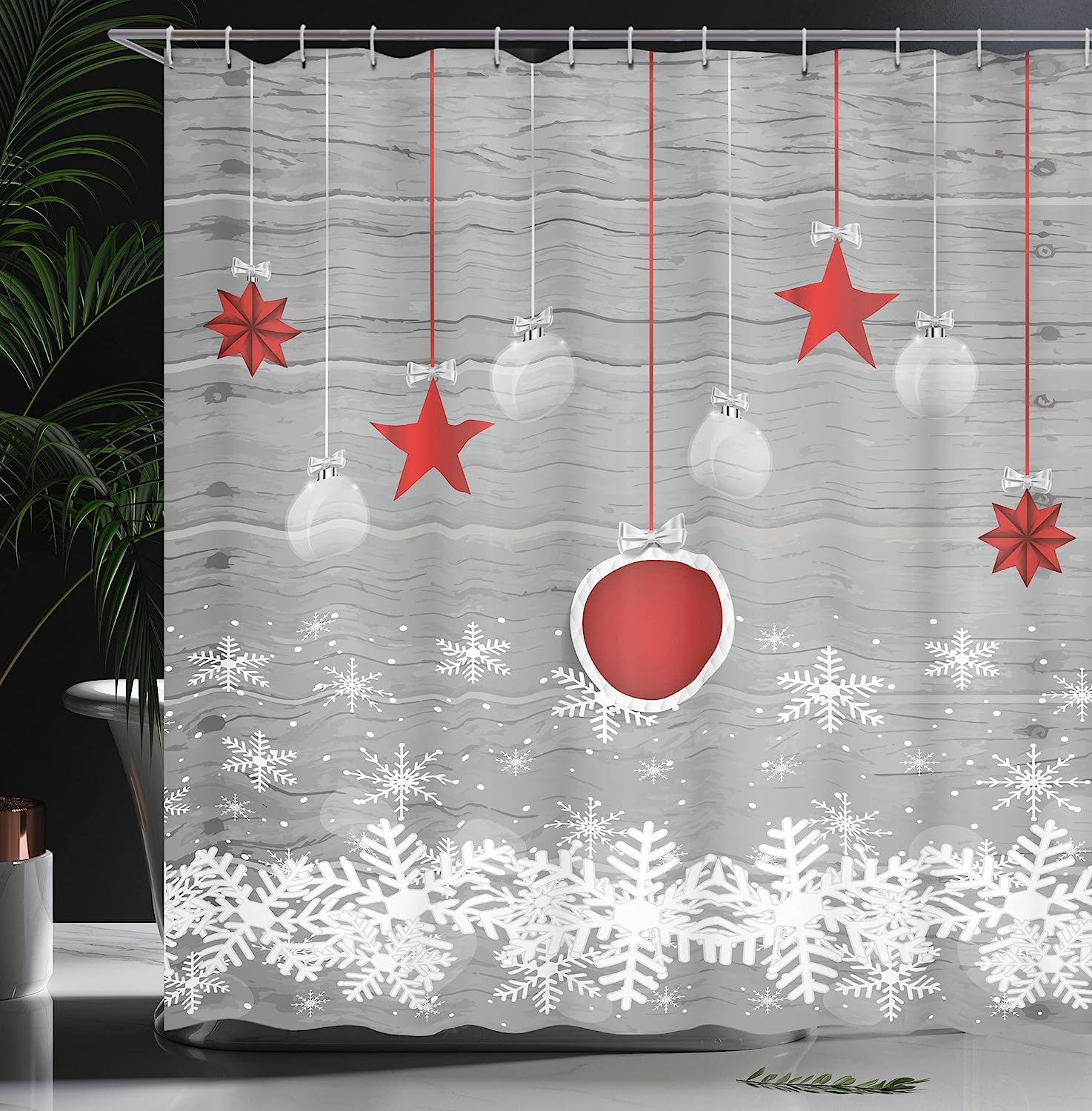 Pendant Stars Baubles Ornate Snowflakes Traditional Celebration Theme Shower Curtain - Cloth Fabric Bathroom Decors - Image 3