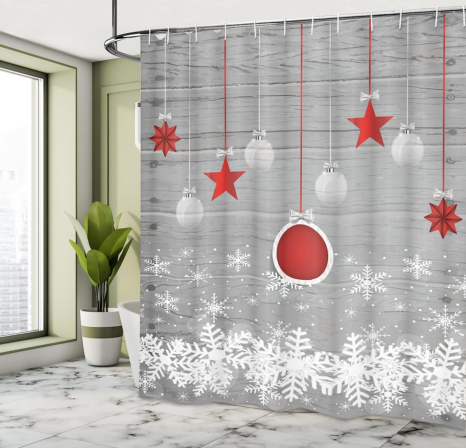 Pendant Stars Baubles Ornate Snowflakes Traditional Celebration Theme Shower Curtain - Cloth Fabric Bathroom Decors - Image 4