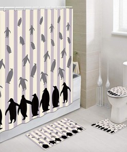 Penguin Animal Wildlife Shower Curtain with Beige Stripes for Kids Bathroom