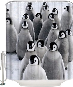 Penguin Baby and Cute Penguin Family in Winter Print Shower Curtain for Bathroom Decor