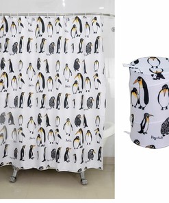 Penguin Design Waterproof Shower Curtain With Pop Up Laundry Hamper for Fun Bathroom Decor 