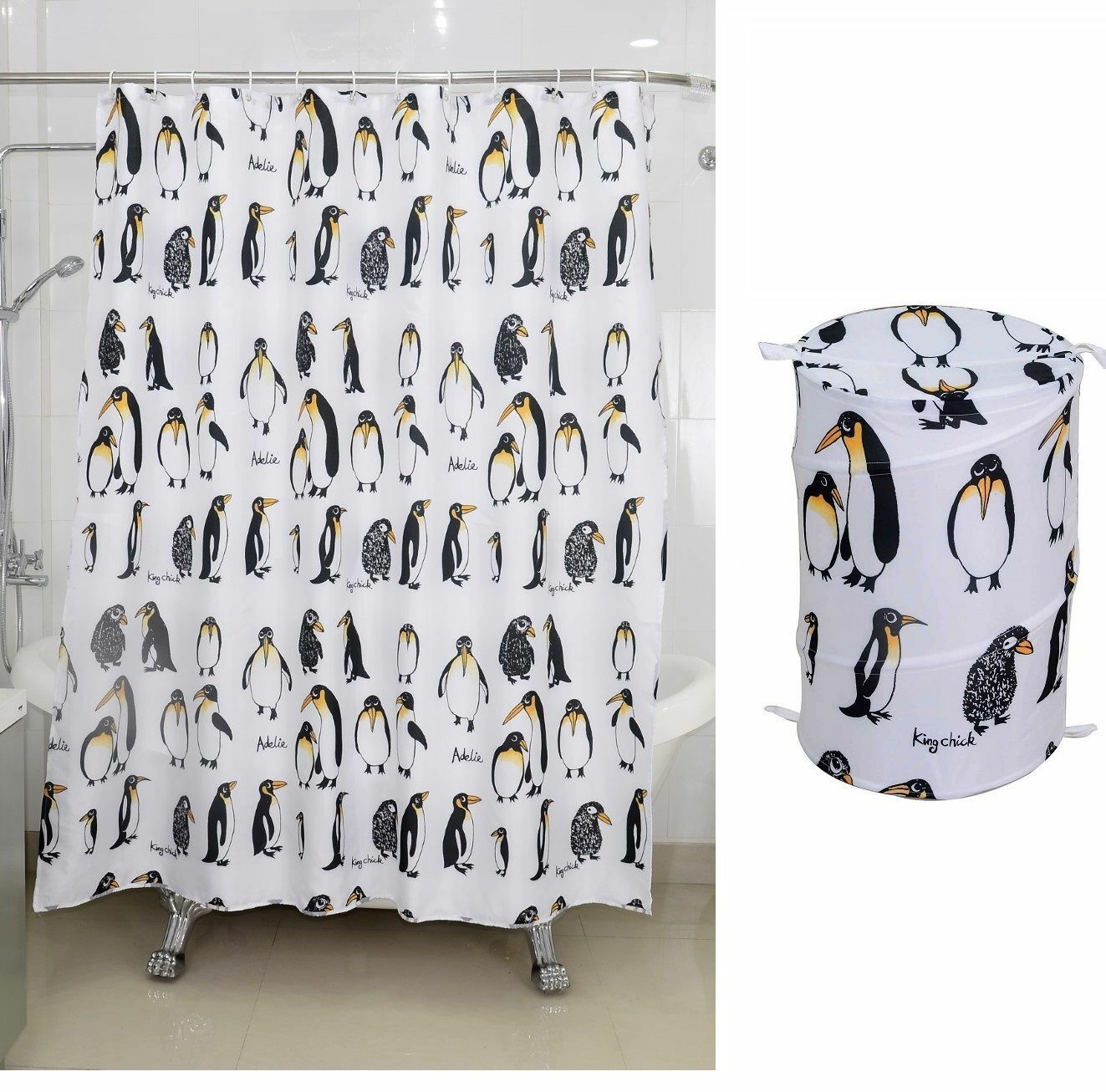 Penguin Design Waterproof Shower Curtain With Pop Up Laundry Hamper for Fun Bathroom Decor