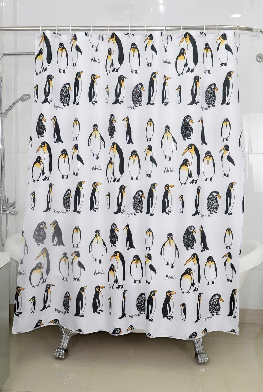 Penguin Design Waterproof Shower Curtain With Pop Up Laundry Hamper for Fun Bathroom Decor