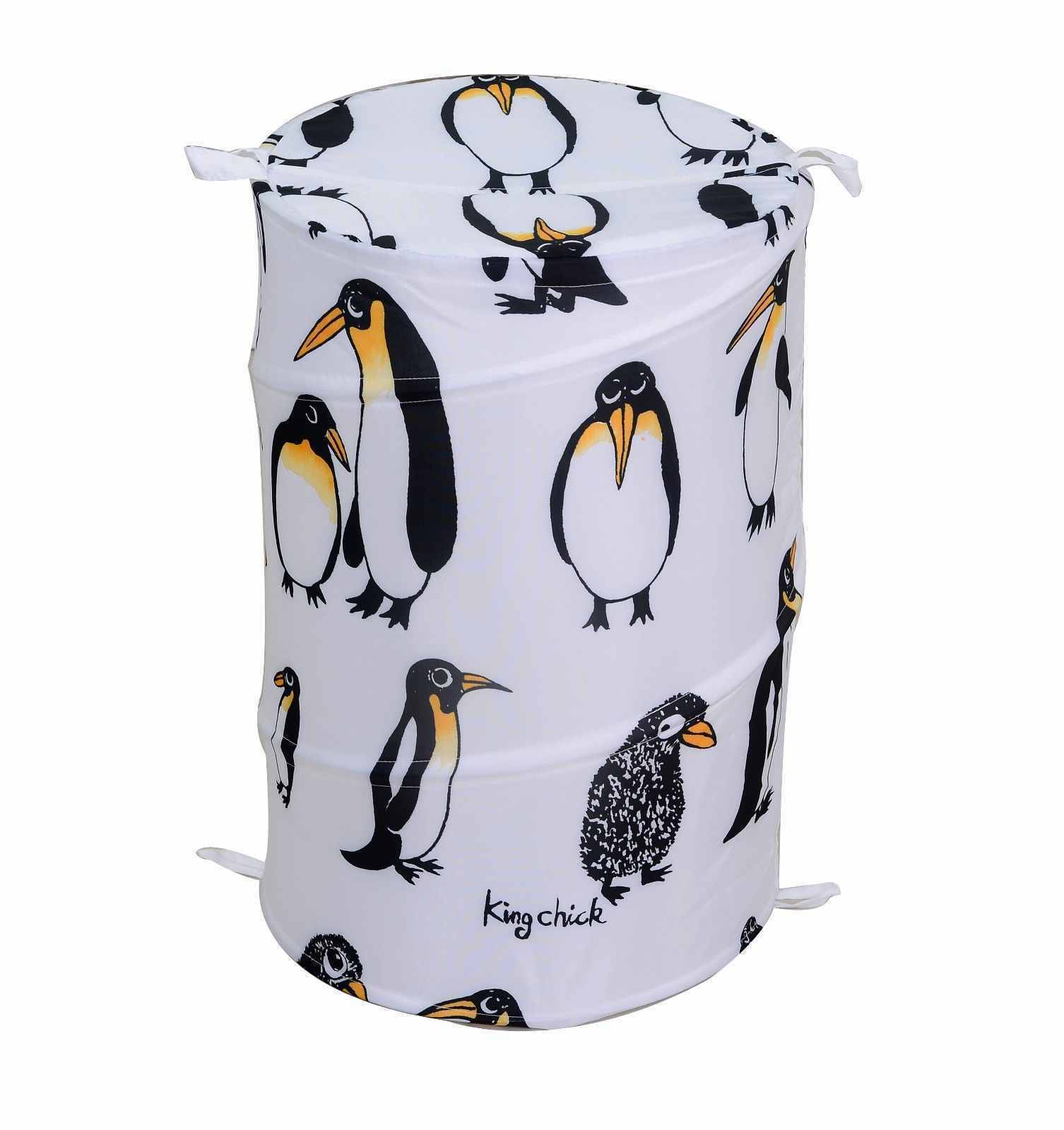 Penguin Design Waterproof Shower Curtain With Pop Up Laundry Hamper for Fun Bathroom Decor