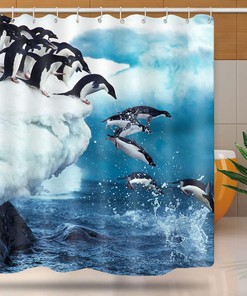 Penguin Diving Shower Curtain - Funny Iceburg Blue Waves Design