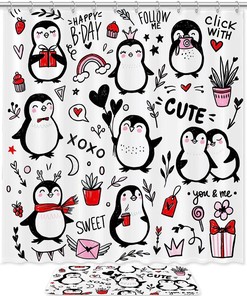Penguin Doodles Hand Drawn Waterproof Shower Curtain - Cute Bathroom Curtain For Penguin Lovers