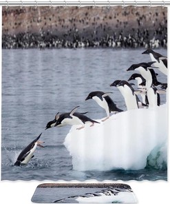 Penguin Family Wildlife Print Shower Curtain, Waterproof Bathroom Curtain