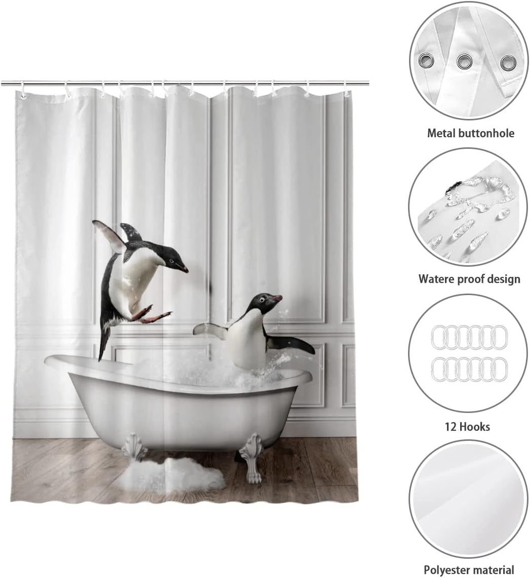 Penguin Fun Animal Shower Curtain Waterproof Cool Animal Print Shower Curtain Bathroom Decor
