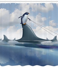 Penguin Holding Wild Fish Print Shower Curtain for Your Bathroom