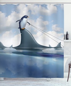 Penguin Holding Wild Fish Print Shower Curtain for Your Bathroom