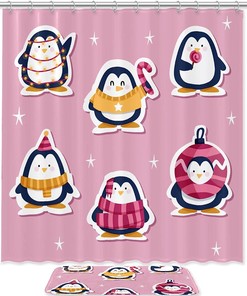 Penguin Sticker Set Shower Curtain For Funny Bathroom Decor