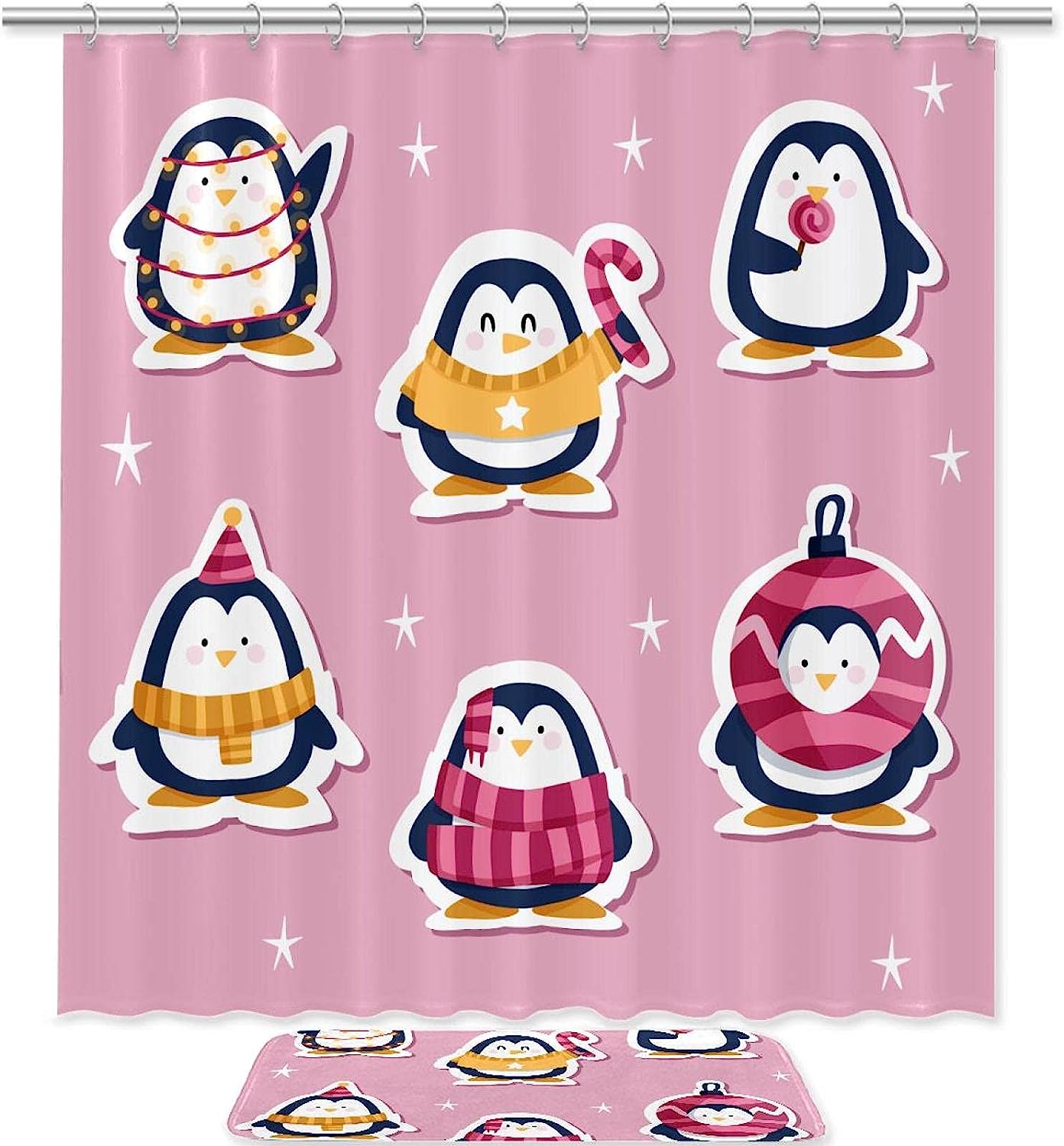 Penguin Sticker Set Shower Curtain For Funny Bathroom Decor