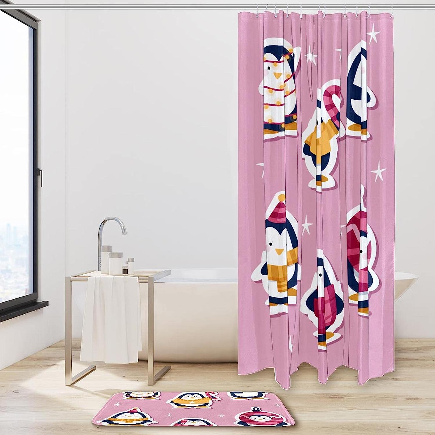 Penguin Sticker Set Shower Curtain For Funny Bathroom Decor