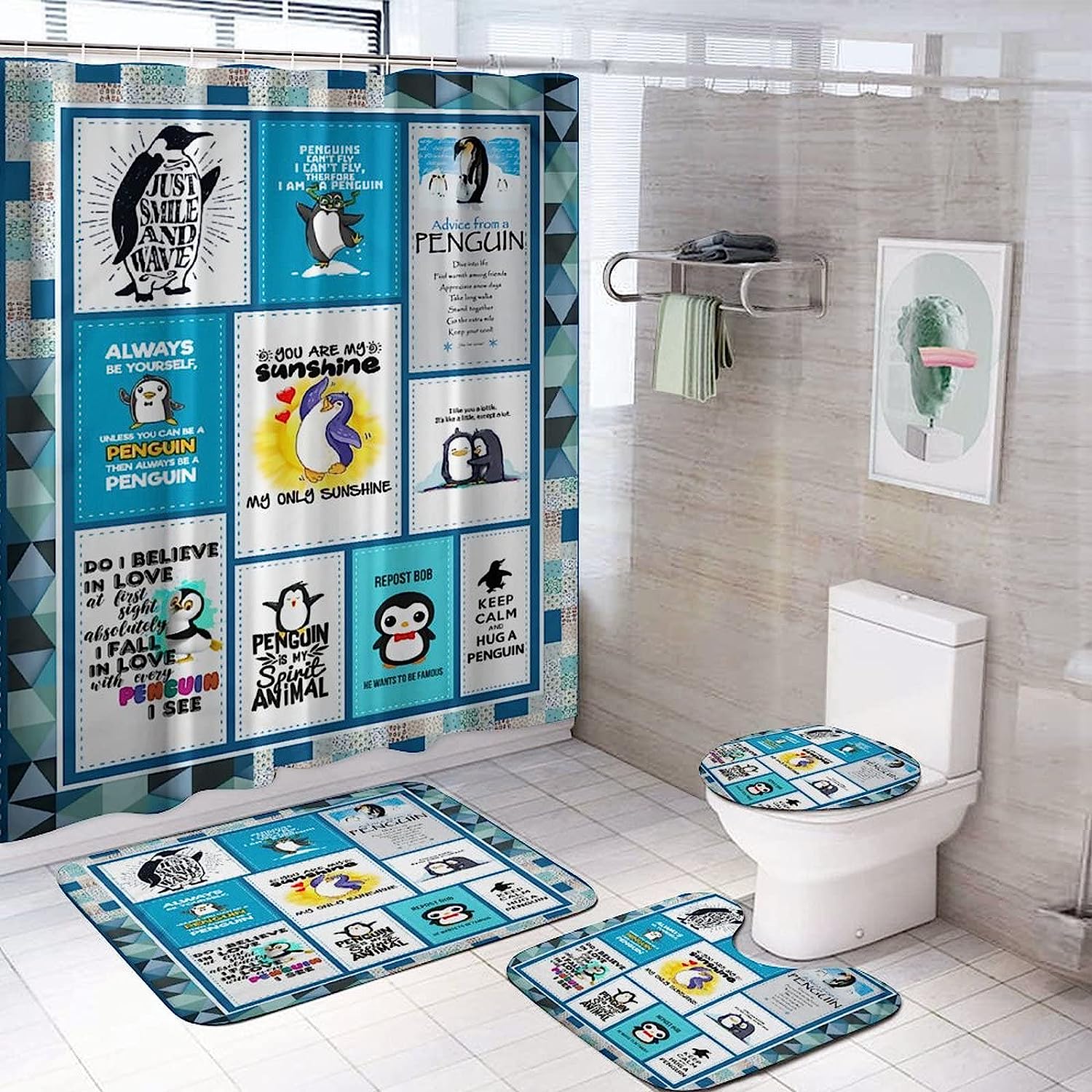Penguin is My Spirit Animal Bathroom Set with 4 Items, Decorative Shower Curtain and Hooks