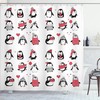 Penguins Hand Drawn In Merry Christmas Greetings Shower Curtain, White Pink Cloth Fabric