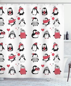 Penguins Hand Drawn In Merry Christmas Greetings Shower Curtain, White Pink Cloth Fabric