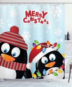 Penguins Wishing Happy Christmas Snowflake Background With Arctic Animals Shower Curtain - Cloth Fabric Bathroom Decors