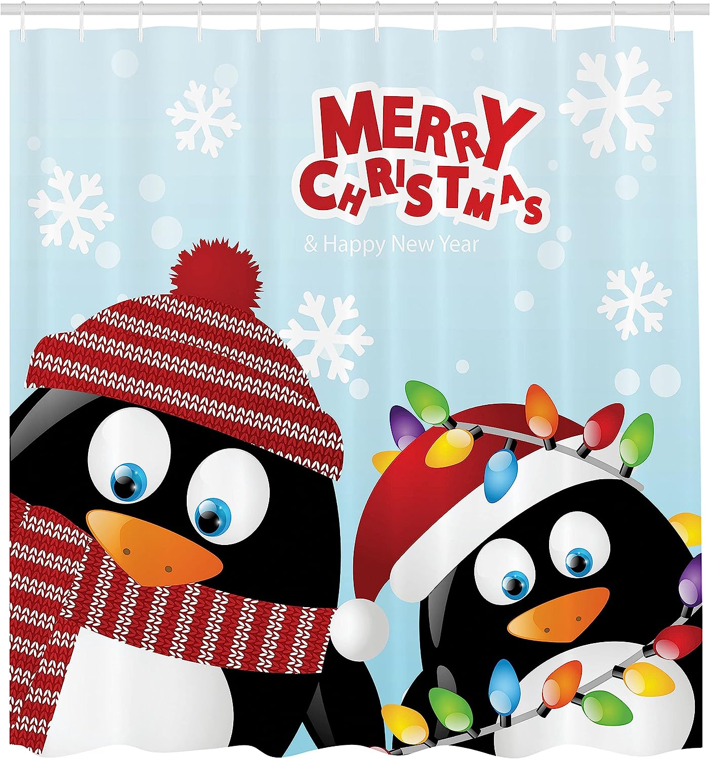Penguins Wishing Happy Christmas Snowflake Background With Arctic Animals Shower Curtain - Cloth Fabric Bathroom Decors - Image 2