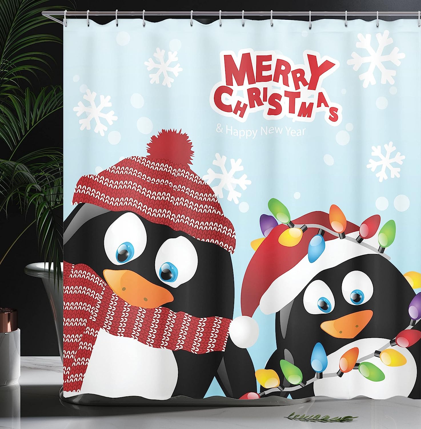 Penguins Wishing Happy Christmas Snowflake Background With Arctic Animals Shower Curtain - Cloth Fabric Bathroom Decors - Image 3