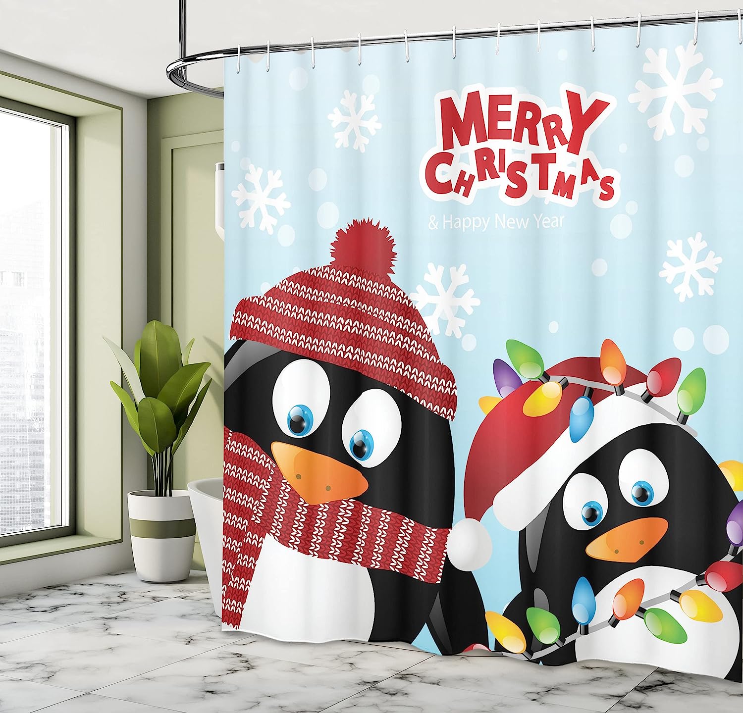 Penguins Wishing Happy Christmas Snowflake Background With Arctic Animals Shower Curtain - Cloth Fabric Bathroom Decors - Image 4