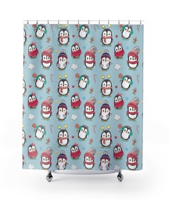 Penguins in Winter Clothes Print Shower Curtain, Fabric Christmas Bathroom Decor