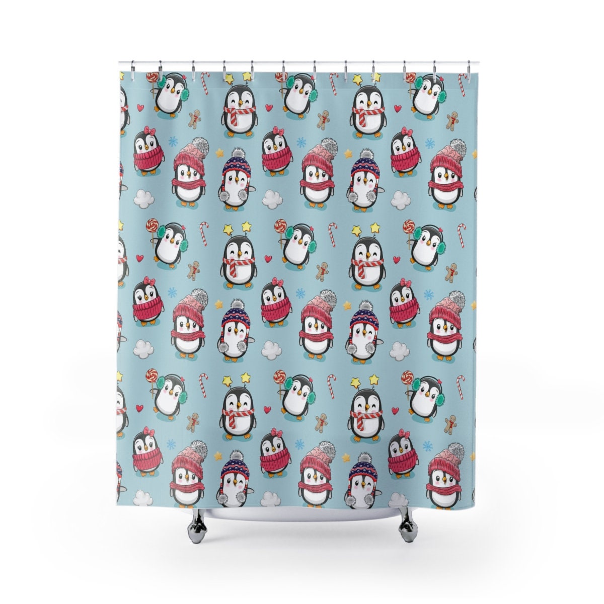 Penguins in Winter Clothes Print Shower Curtain, Fabric Christmas Bathroom Decor