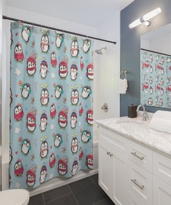 Penguins in Winter Clothes Print Shower Curtain, Fabric Christmas Bathroom Decor