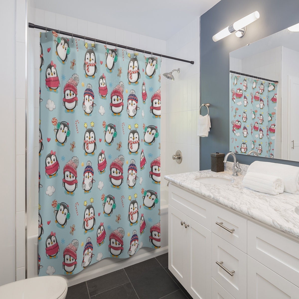 Penguins in Winter Clothes Print Shower Curtain, Fabric Christmas Bathroom Decor