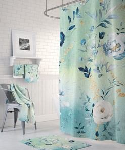 Peonies Watercolor Ink On Mint Teal Green Blue Shower Curtain Set - Minimalist Bathroom With A Touch Of Chic