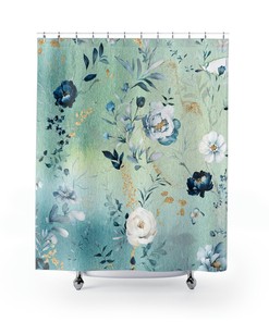 Peonies Watercolor Ink On Mint Teal Green Blue Shower Curtain Set - Minimalist Bathroom With A Touch Of Chic
