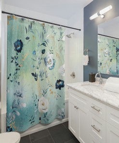 Peonies Watercolor Ink On Mint Teal Green Blue Shower Curtain Set - Minimalist Bathroom With A Touch Of Chic