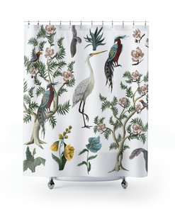 Peonies and Crane Oriental Victorian Print Shower Curtain, Classic Japanese Bathroom Decor