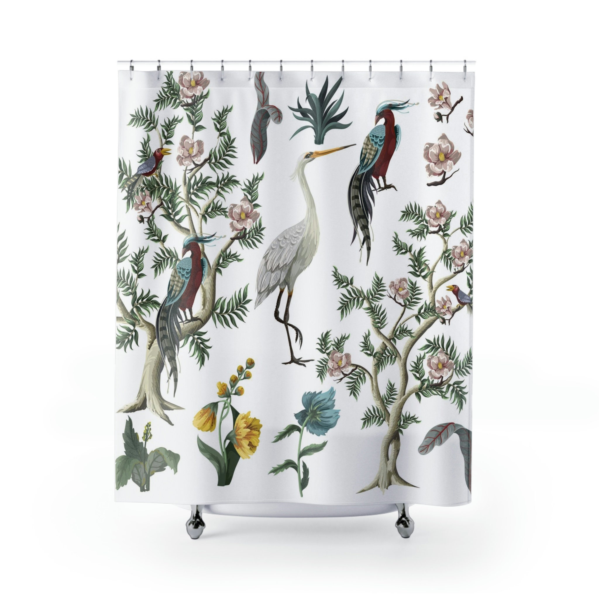 Peonies and Crane Oriental Victorian Print Shower Curtain, Classic Japanese Bathroom Decor