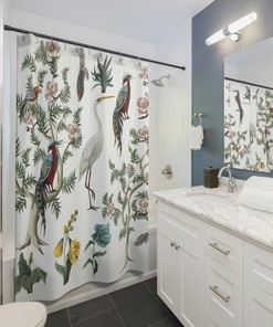 Peonies and Crane Oriental Victorian Print Shower Curtain, Classic Japanese Bathroom Decor
